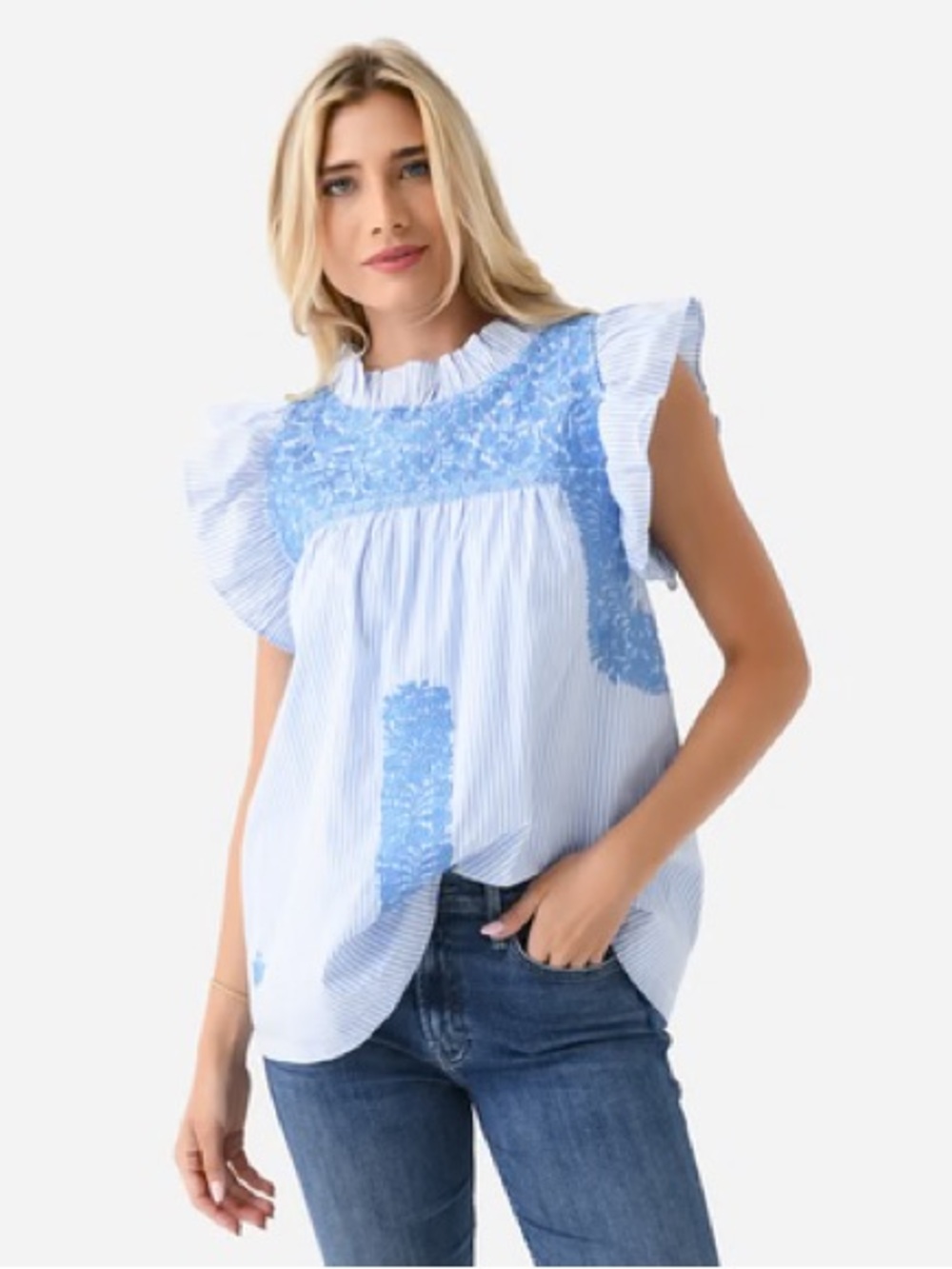 Light Blue Striped Ruffle Sleeve Blouse